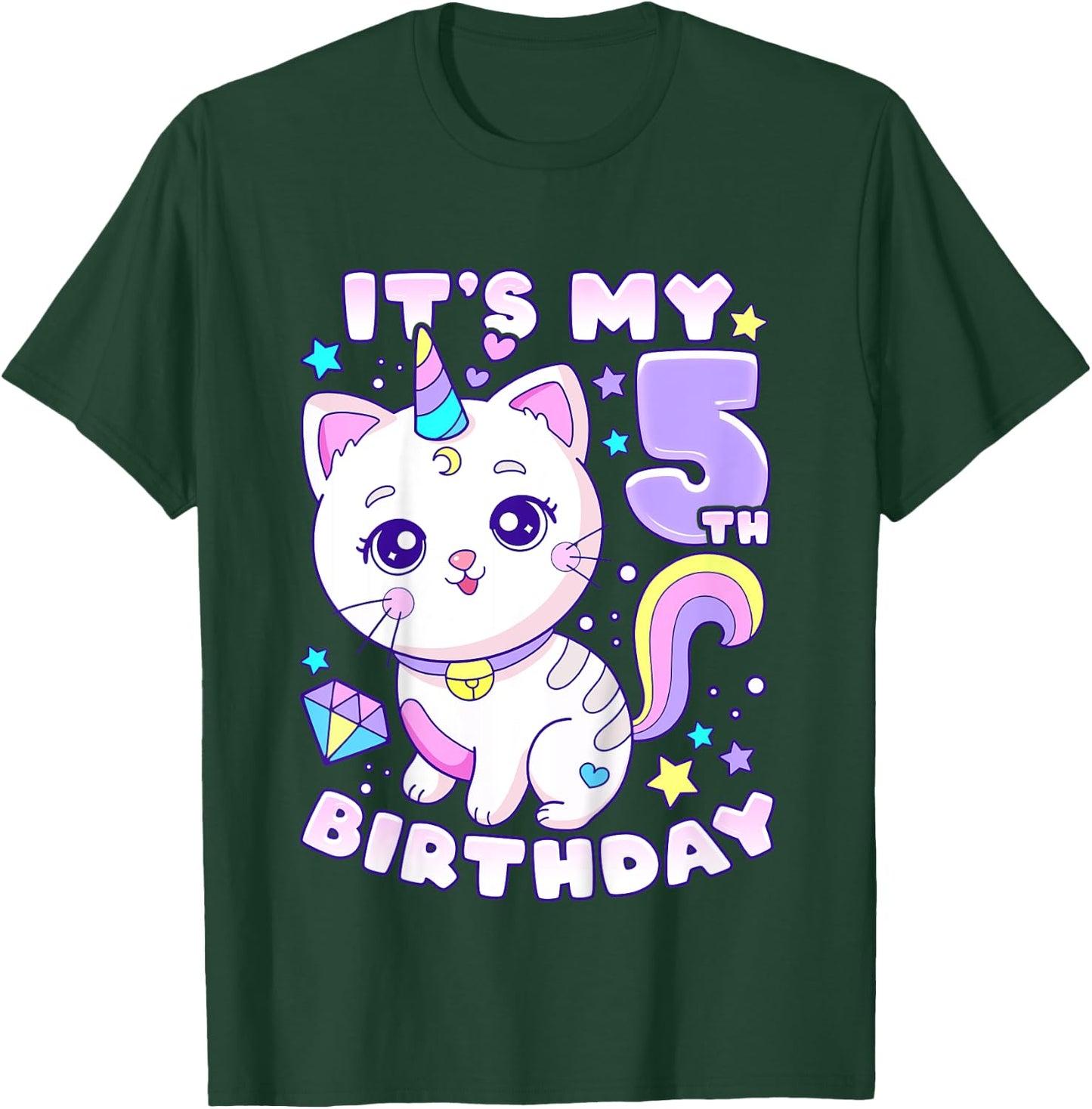 Birthday girl 5 years old, cat, unicorn, 5th birthday T-Shirt - T-Shirt | Forest