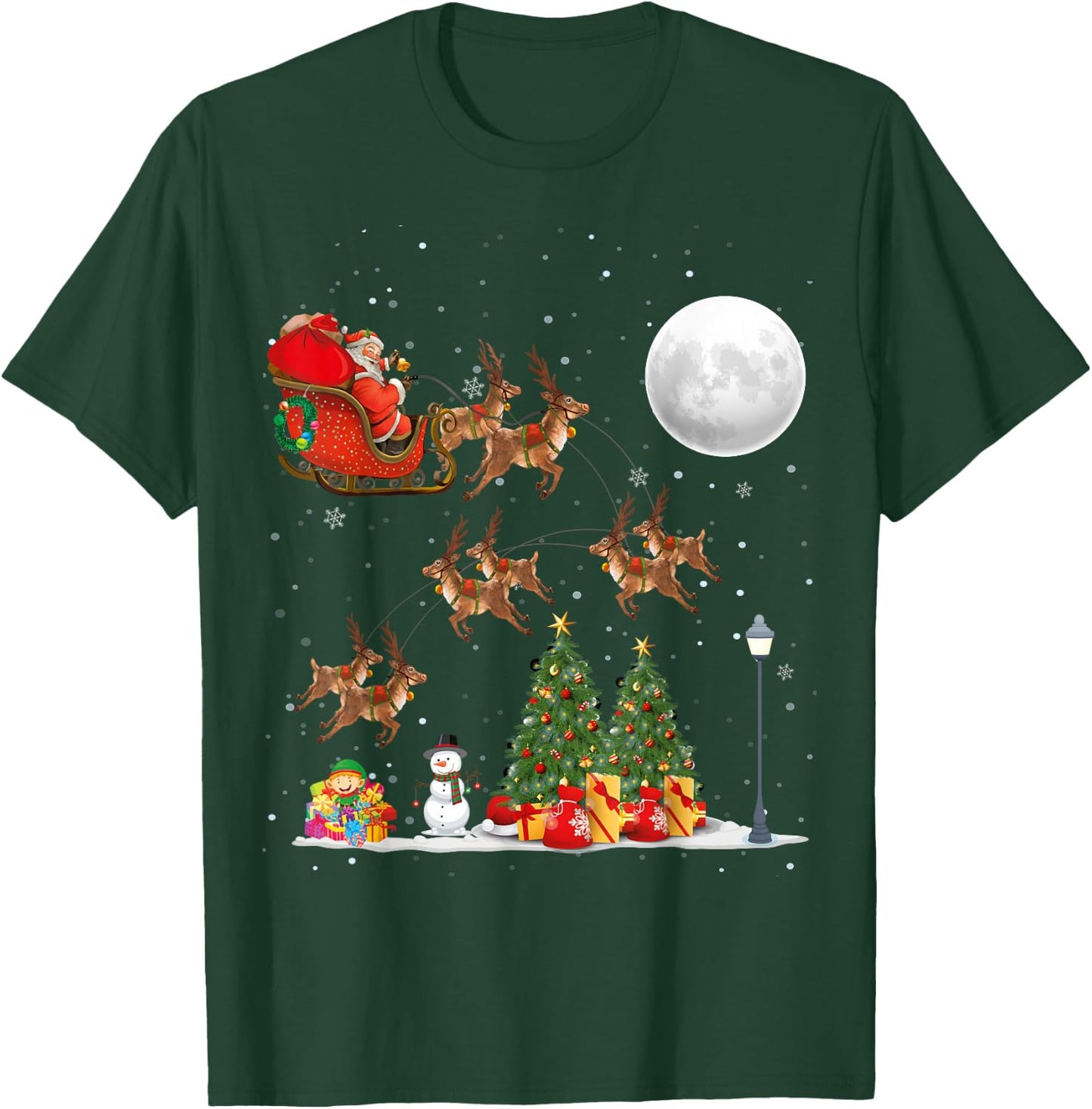 Xmas Tree Lighting Santa Riding sleigh deer Christmas T-Shirt - T-Shirt | Forest