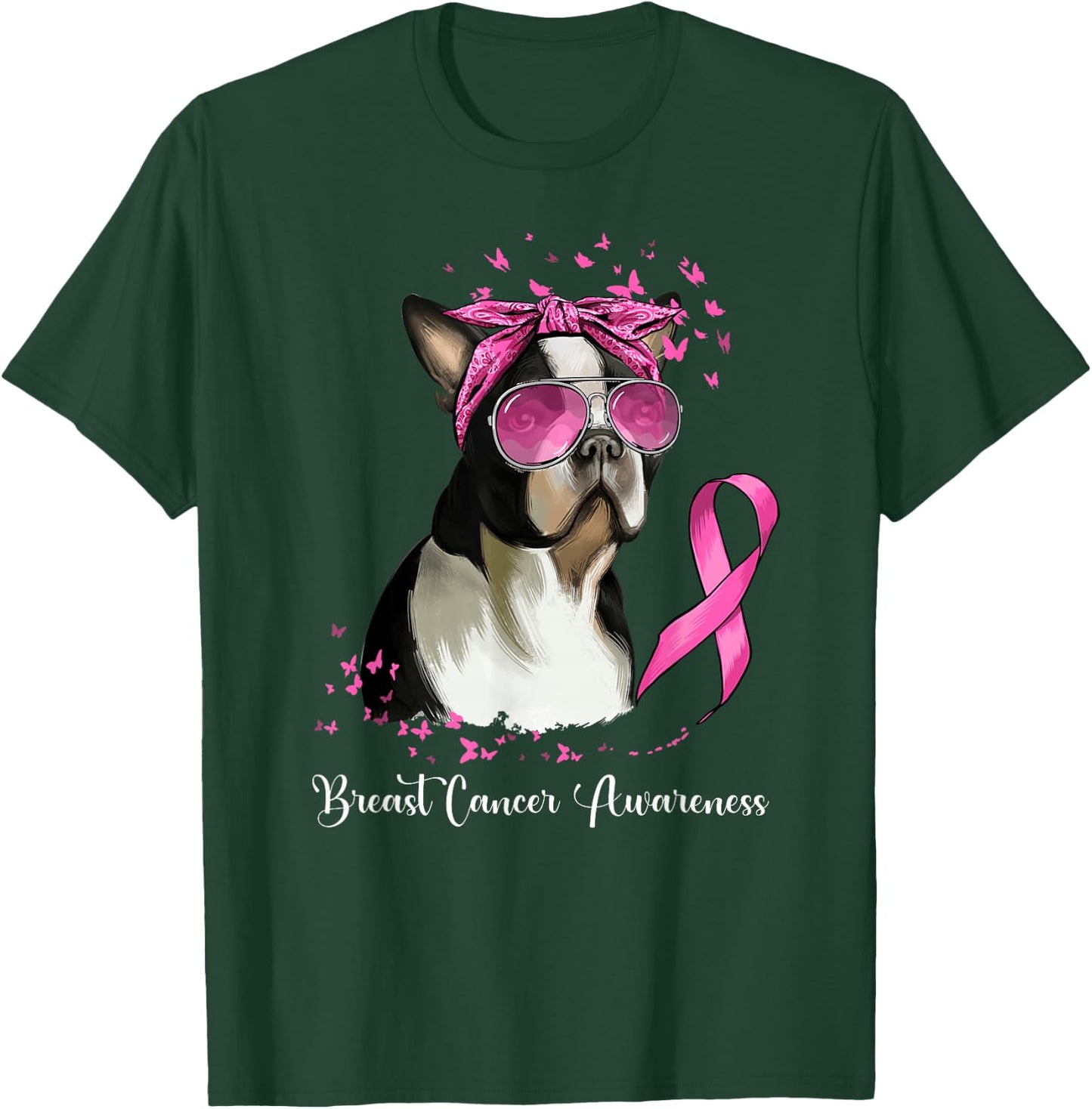 Boston Terrier Dog Lover Pink Ribbon Breast Cancer Awareness T-Shirt - T-Shirt | Forest