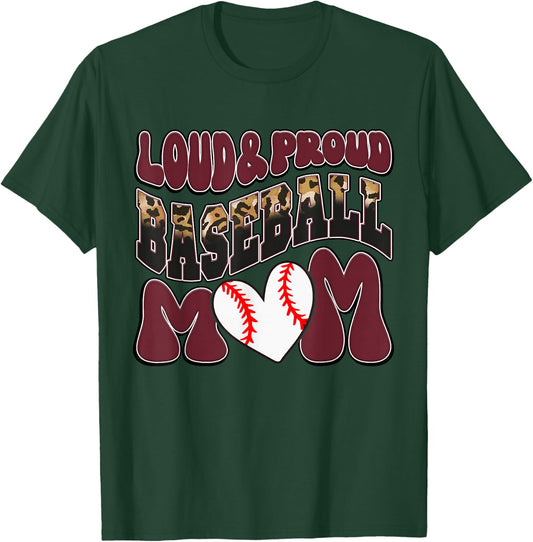 Loud Proud Baseball Mom Maroon Team Leopard Baseball Mom T-Shirt - T-Shirt | Forest