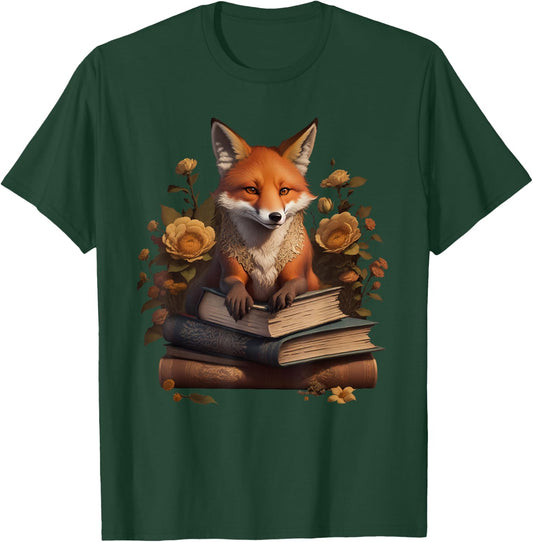 Cottagecore Aesthetic Fox with Books Floral T-Shirt - T-Shirt | Forest