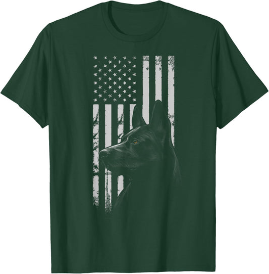 Black German Shepherd American Flag USA Flag T-Shirt - T-Shirt | Forest