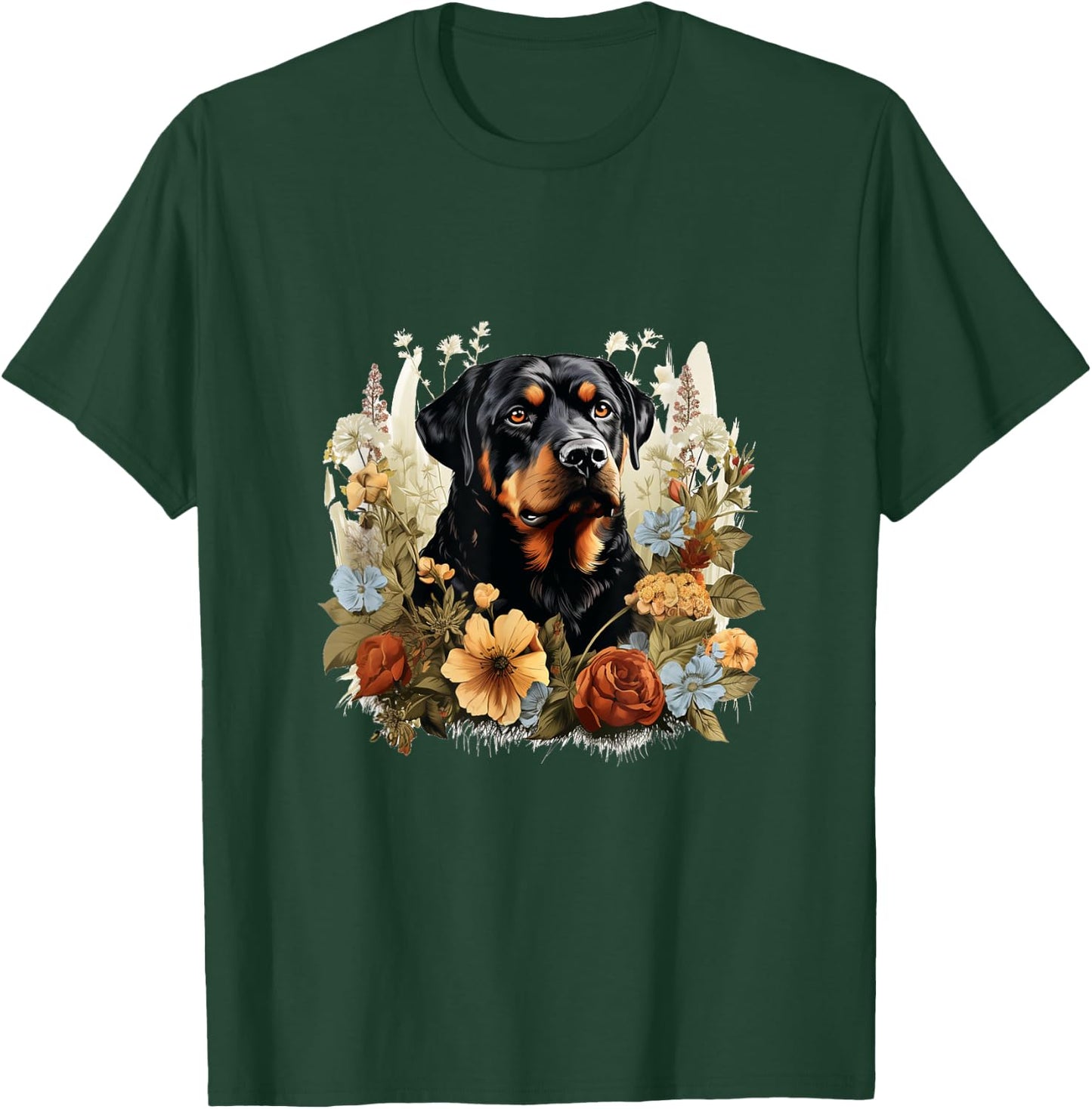 Rottweiler Dog With Flowers Vintage Pastel Floral Border Men Women Kids T-Shirt - T-Shirt | Forest
