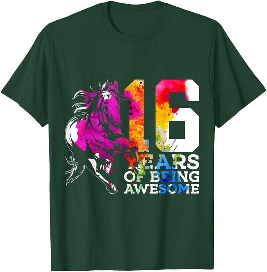 Horse 16 Years of Being Awesome Riding 16th Birthday T-Shirt - T-Shirt | Forest