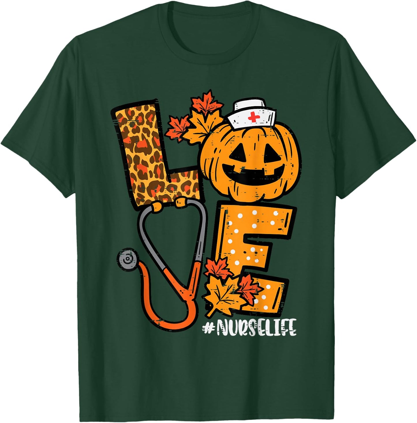 Leopard Pumpkin Nurse Halloween Costume Fall Scrub Top Women T-Shirt - T-Shirt | Forest