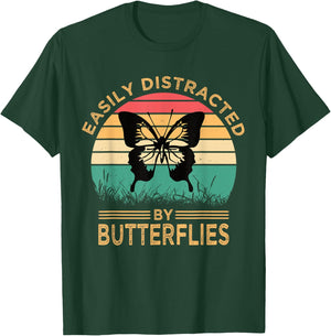 Easily Distracted By Butterflies Vintage Funny Butterfly T-Shirt - T-Shirt | Forest
