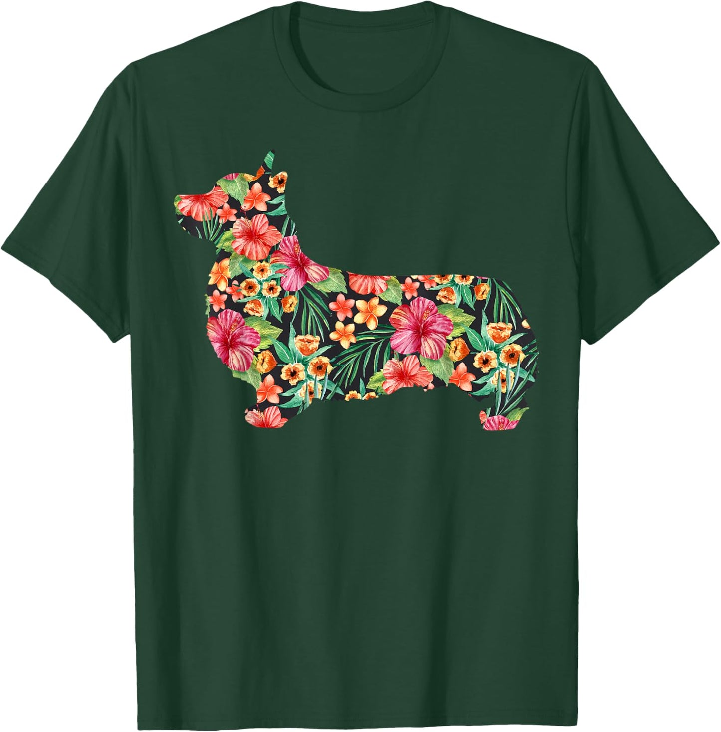 Corgi Flower Funny Dog Silhouette Floral Gifts Women Men T-Shirt - T-Shirt | Forest