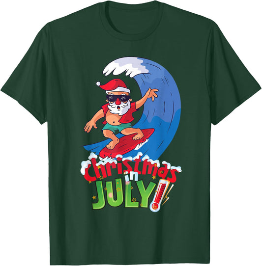 Funny Christmas in July Shirt Summer Santa Surfing Xmas T-Shirt - T-Shirt | Forest