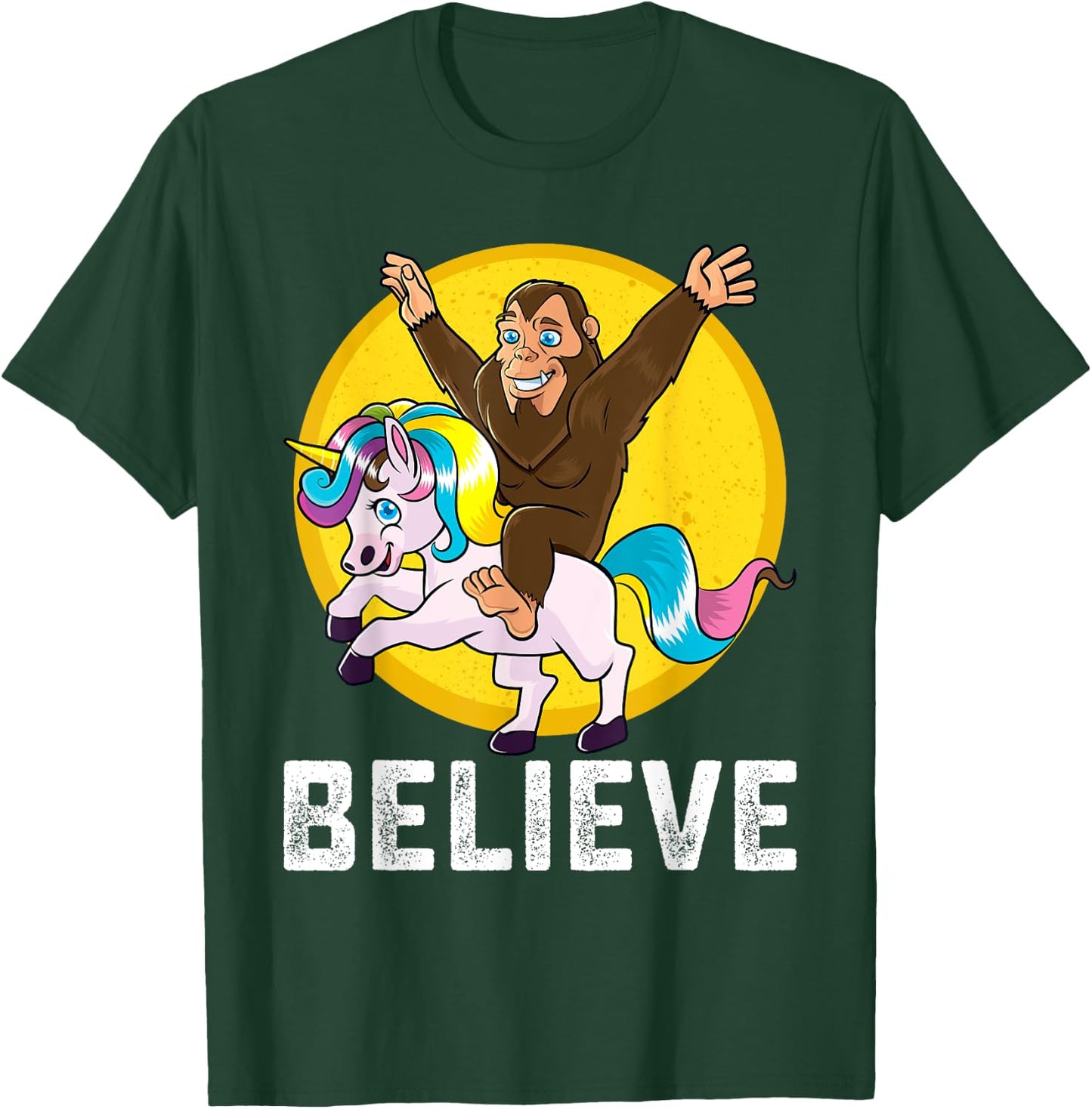 BigFoot Riding Unicorn Believe Sasquatch Men Women Kids T-Shirt - T-Shirt | Forest
