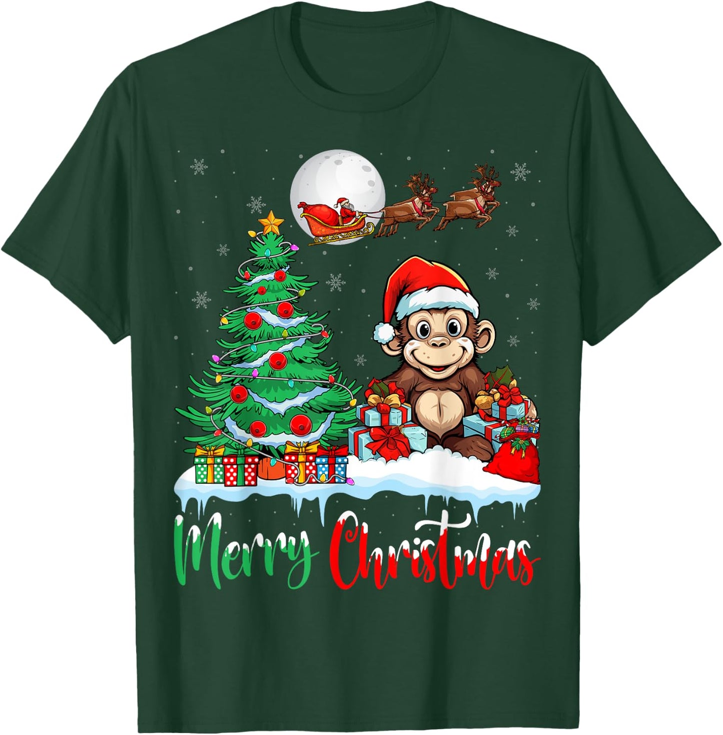 Monkey Santa Hat Xmas Lights Merry Christmas Monkey T-Shirt - T-Shirt | Forest