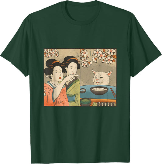 Japanese Art Cherry Blossom Cat and Sushi T-Shirt - T-Shirt | Forest