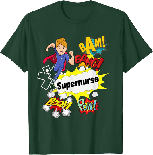 Supernurse Comic Superhero Style RN Woman Nursing Gift T-Shirt - T-Shirt | Forest