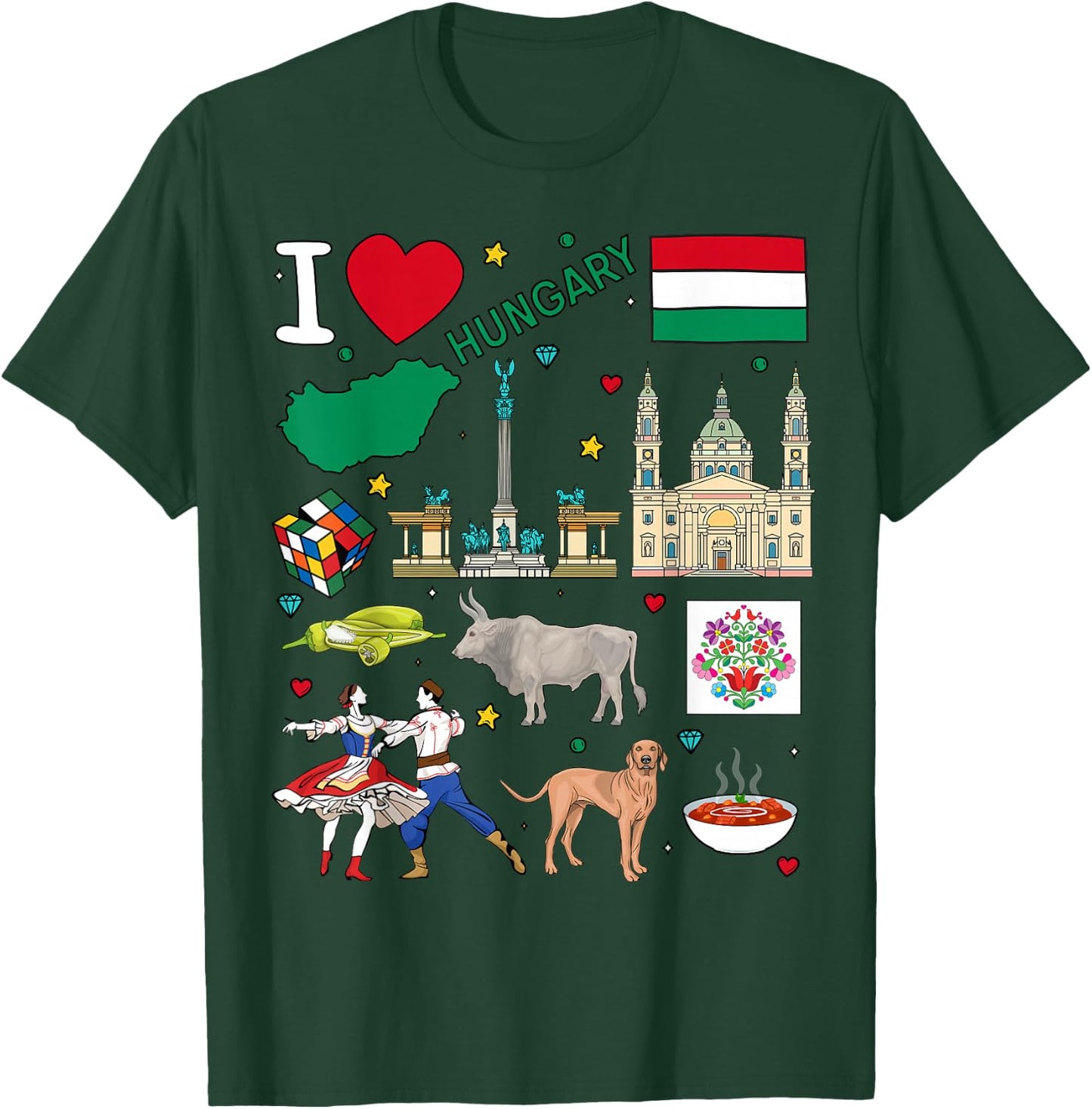 I love Hungary. Hand drawn Hungarian Landmarks, flag and map T-Shirt - T-Shirt | Forest