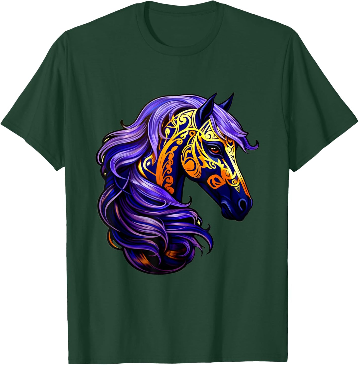 Purple Gold Black Horse Fantasy Swirl Wave Pattern Design T-Shirt - T-Shirt | Forest