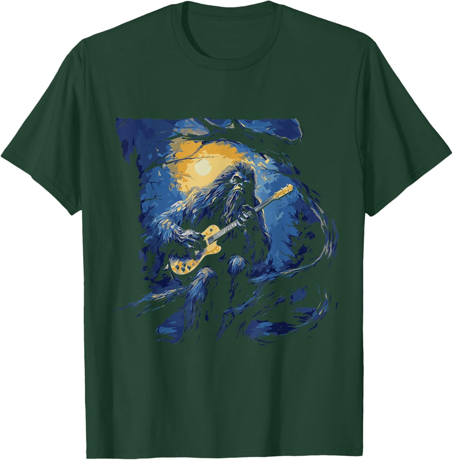 Bigfoot Playing a Guitar Starry Night Funny Sasquatch Rocker T-Shirt - T-Shirt | Forest