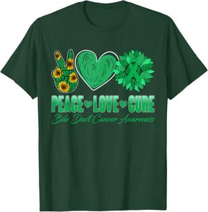 Peace Love Cure Sunflower Bile Duct Cancer Awareness Warrior T-Shirt - T-Shirt | Forest