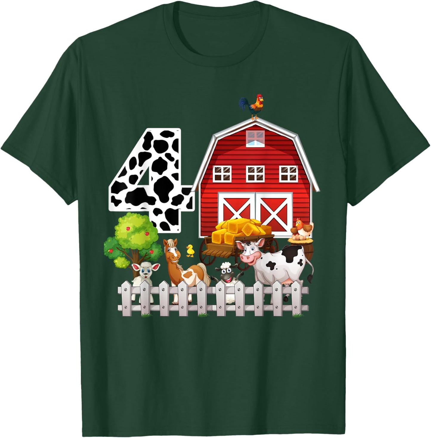 Farm Animals 4th Birthday 4 Year Old Birthday Kids Boy Girl T-Shirt - T-Shirt | Forest