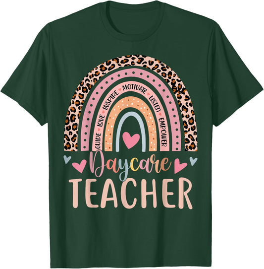 Cute Daycare Teacher Rainbow Leopard Print Childcare Worker T-Shirt - T-Shirt | Forest