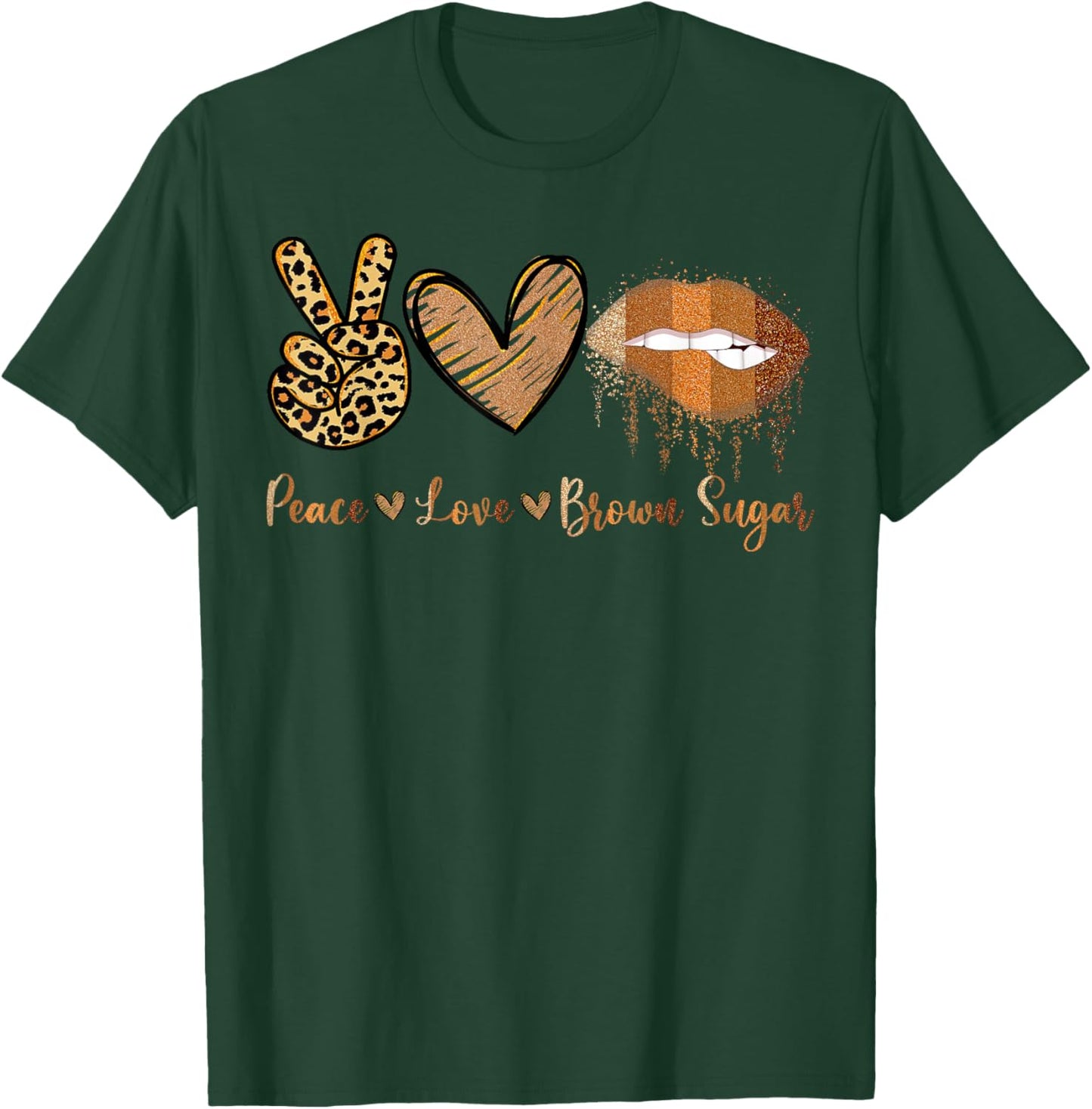 Peace Love Brown Sugar Leopard Hand Heart And Lips T-Shirt - T-Shirt | Forest