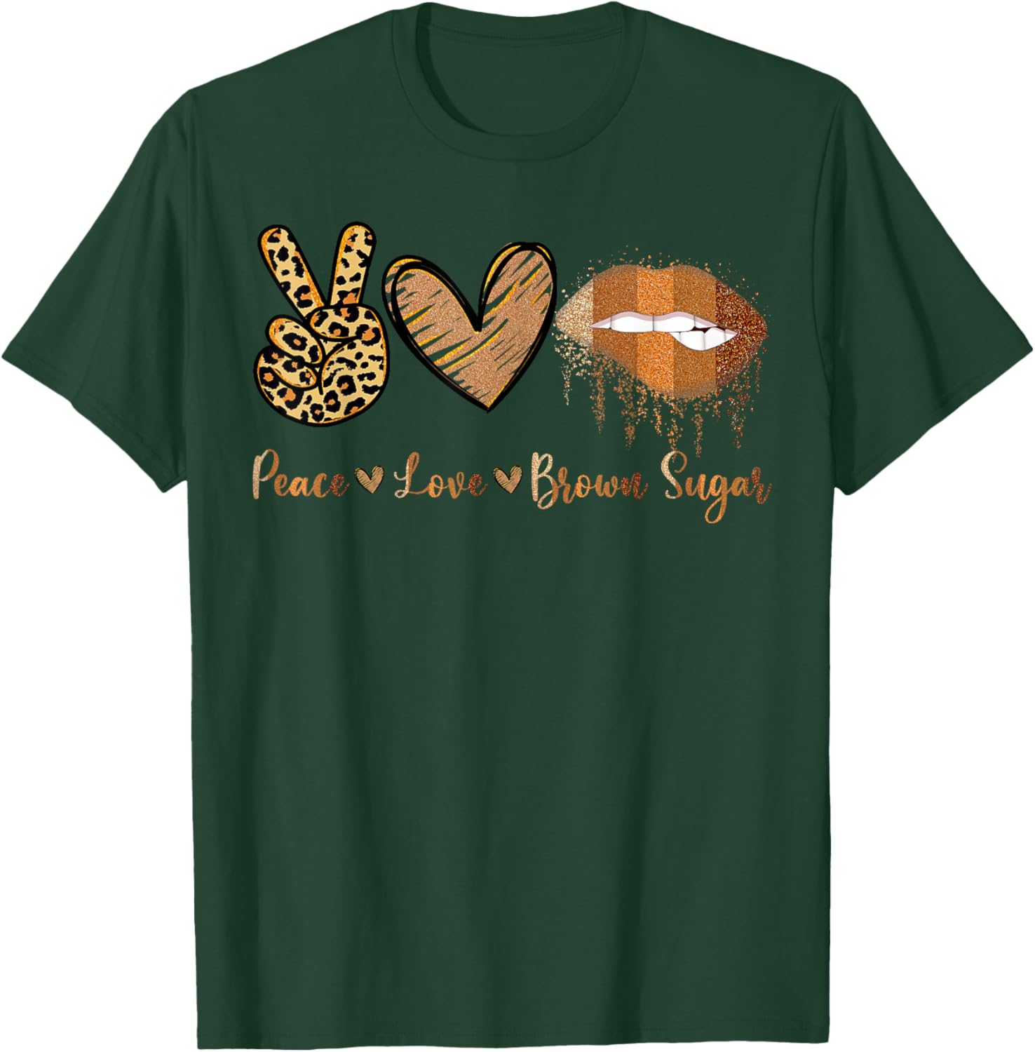 Peace Love Brown Sugar Leopard Hand Heart And Lips T-Shirt - T-Shirt | Forest