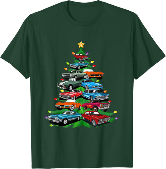 Car Madness Christmas Tree -Classic Muscle Cars and Hotrods T-Shirt - T-Shirt | Forest