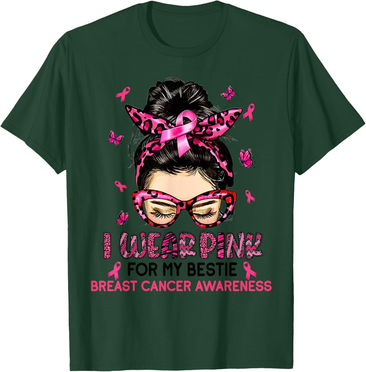 I Wear Pink For My Bestie Breast Cancer Awareness Leopard T-Shirt - T-Shirt | Forest