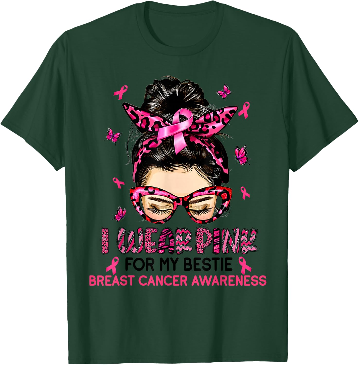 I Wear Pink For My Bestie Breast Cancer Awareness Leopard T-Shirt - T-Shirt | Forest