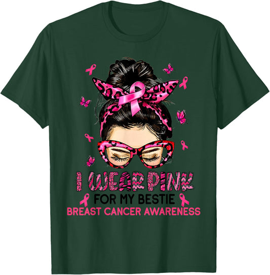 I Wear Pink For My Bestie Breast Cancer Awareness Leopard T-Shirt - T-Shirt | Forest