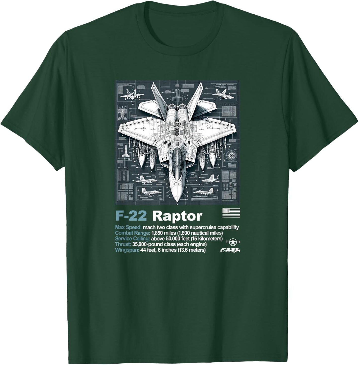 F22 Raptor Fighter Jet Blueprint Technical Drawing & Specs T-Shirt - T-Shirt | Forest