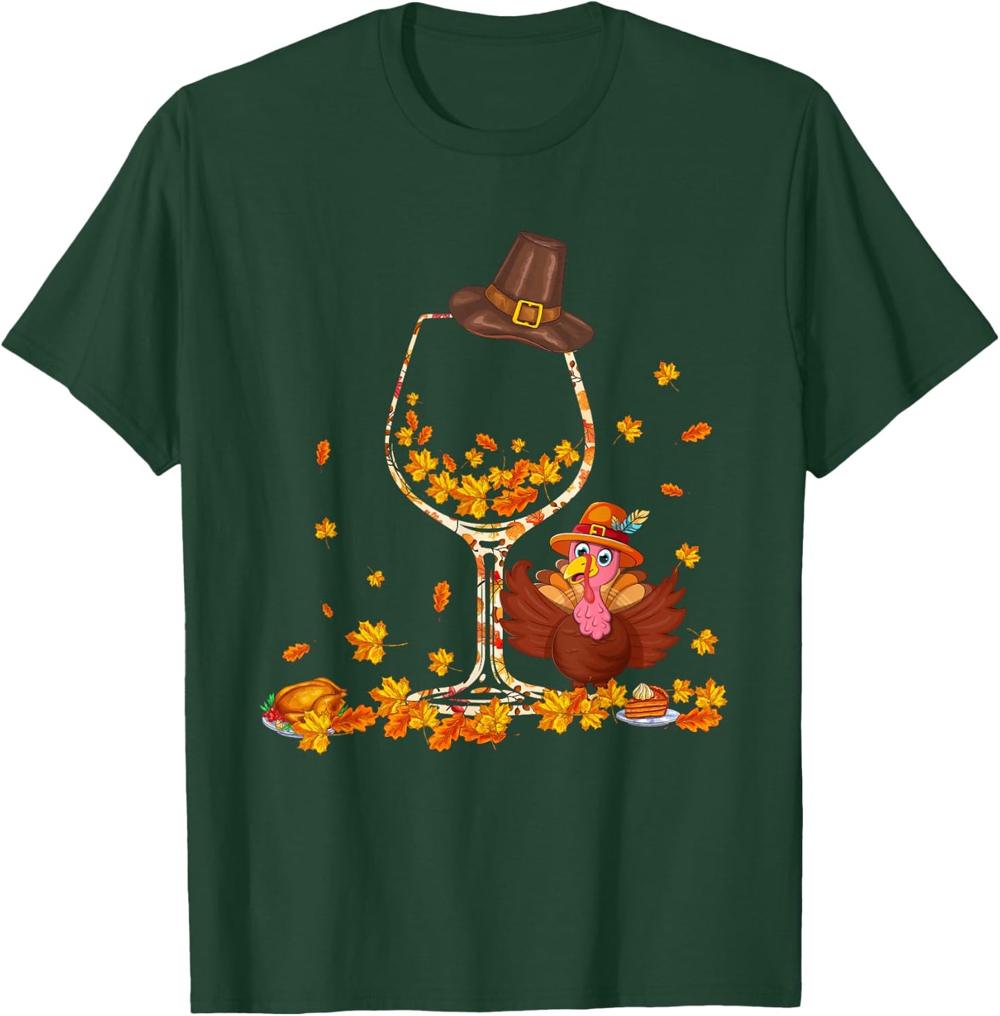 Fall Leaves Floral As Wine Glasses Shape Thanksgiving Turkey T-Shirt - T-Shirt | Forest