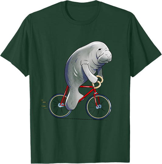 Manatee Riding Bicycle Cute Biker Cyclist T-Shirt - T-Shirt | Forest