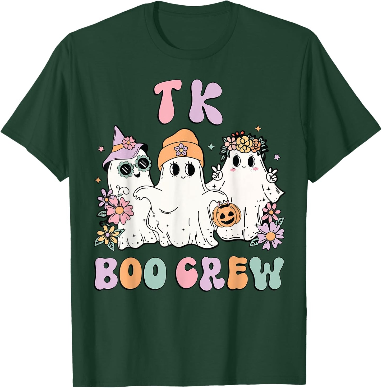 TK Boo Crew Retro Groovy Halloween Floral Ghost TK Teacher T-Shirt - T-Shirt | Forest