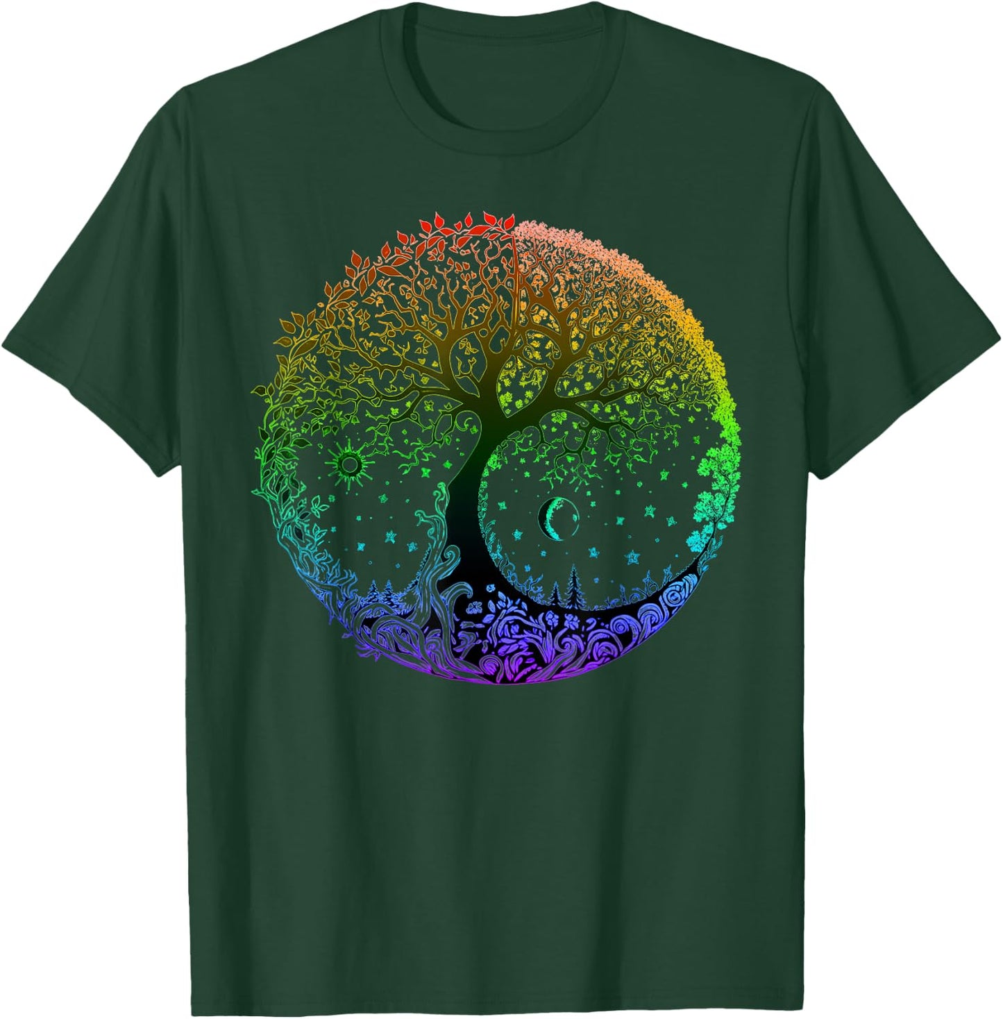 Tree of Life Sun Moon Seasons Mandala Chakras Yoga Graphic T-Shirt - T-Shirt | Forest