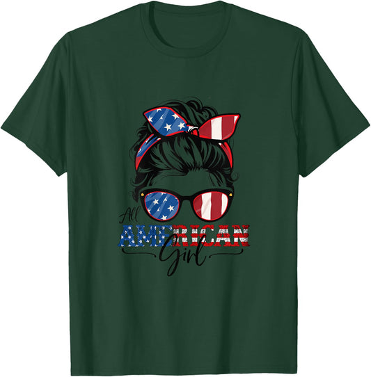 All American Girl 4th of July Women Messy Bun USA Flag T-Shirt - T-Shirt | Forest