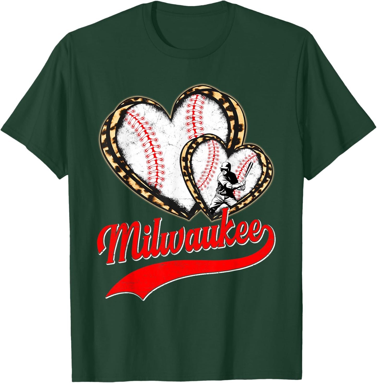 Vintage Milwaukee Baseball Leopard Heart Baseball Fans T-Shirt - T-Shirt | Forest