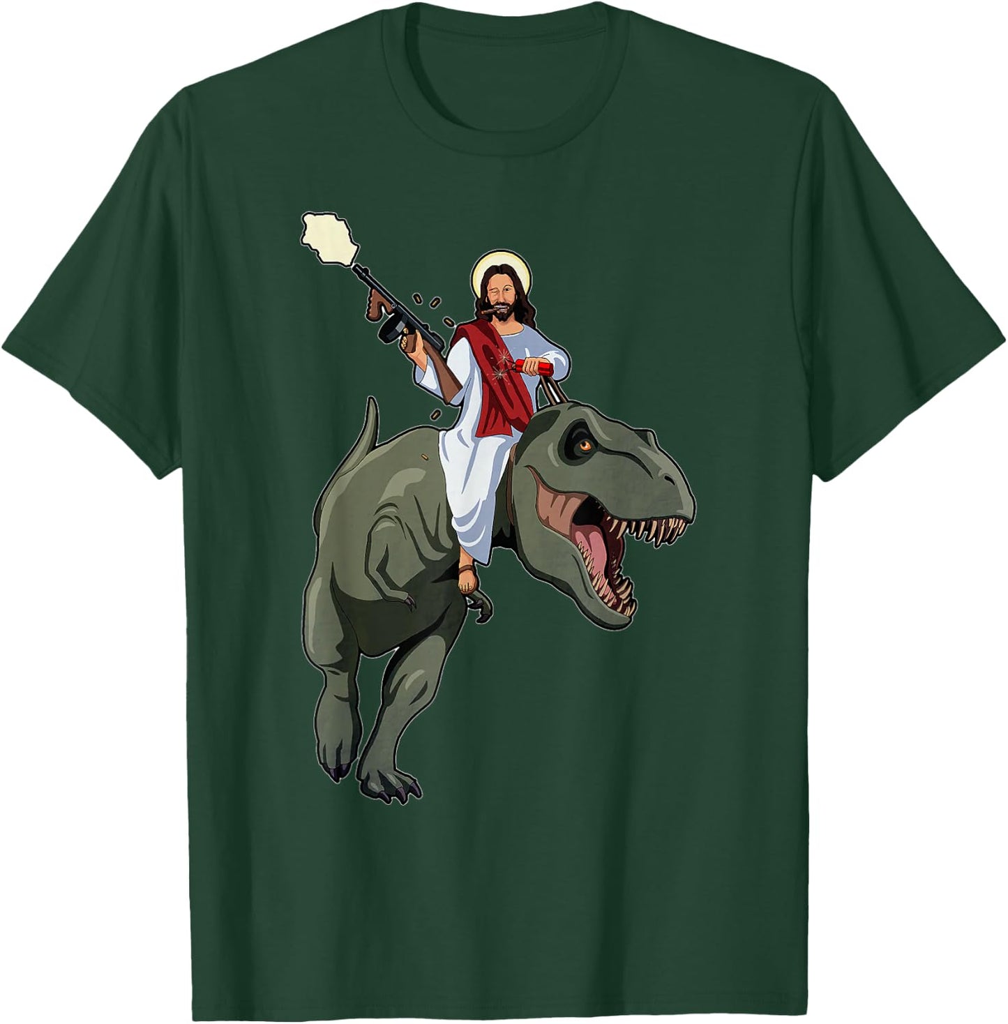 Gun Jesus Riding A T-rex Dinosaur Funny Christian Dino Lover T-Shirt - T-Shirt | Forest