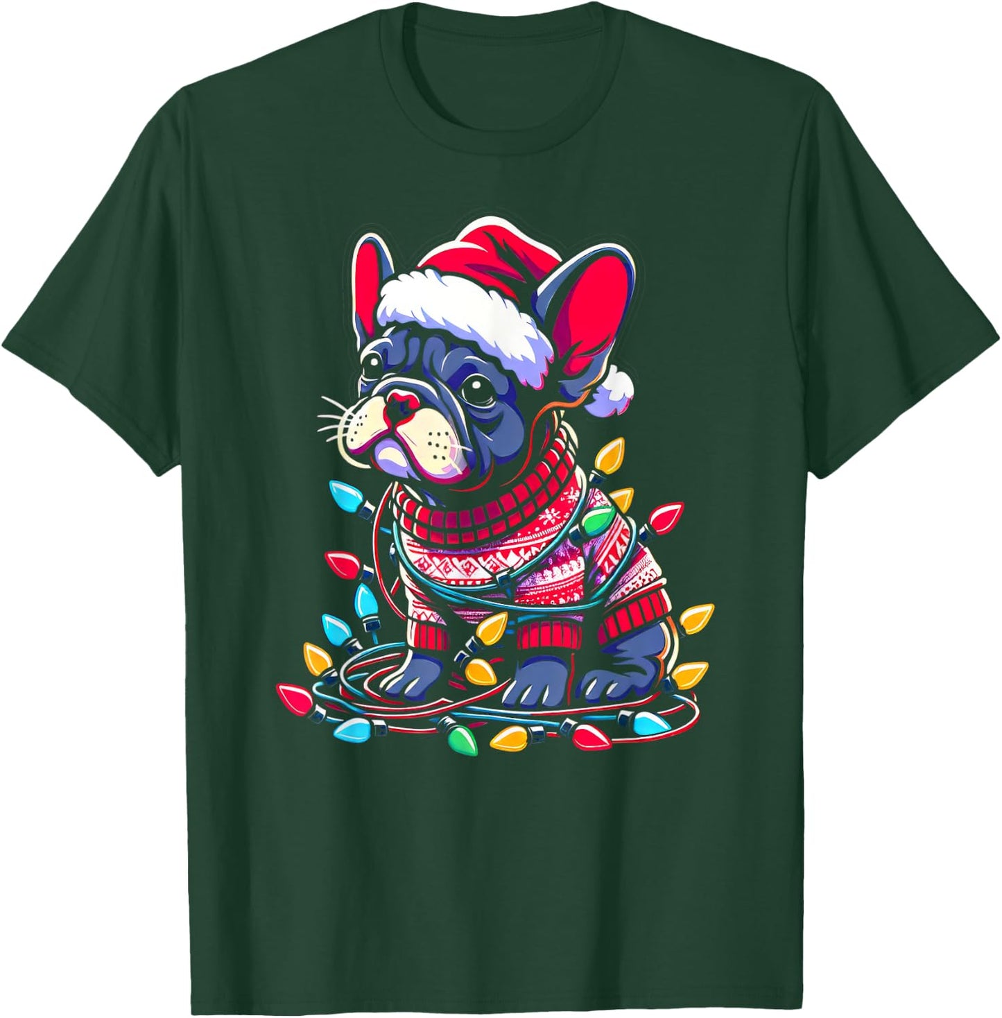 Funny Frenchie Tree Xmas Lights Pajama T-Shirt - T-Shirt | Forest