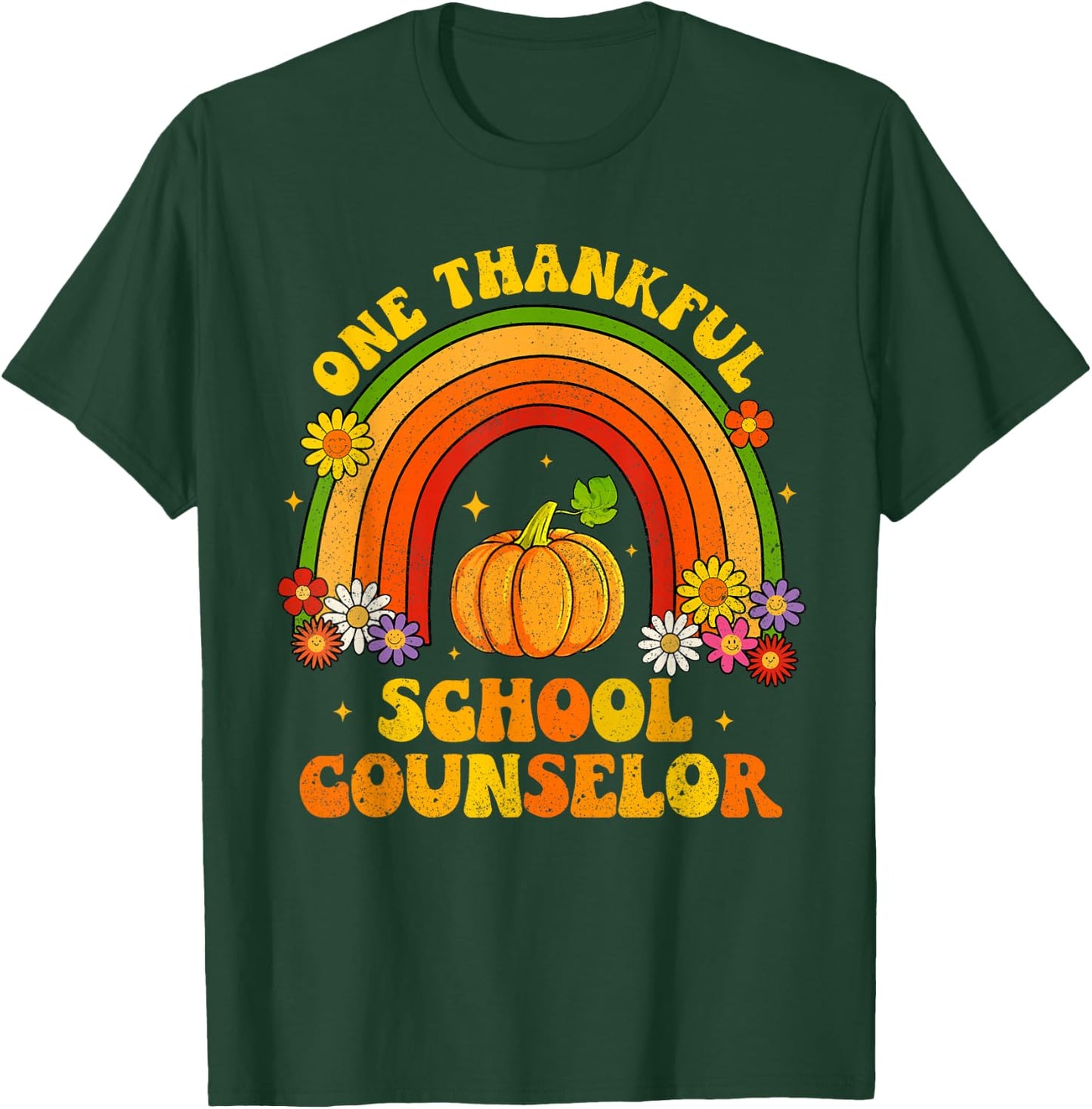 One Thankful School Counselor Groovy Rainbow Thanksgiving T-Shirt - T-Shirt | Forest