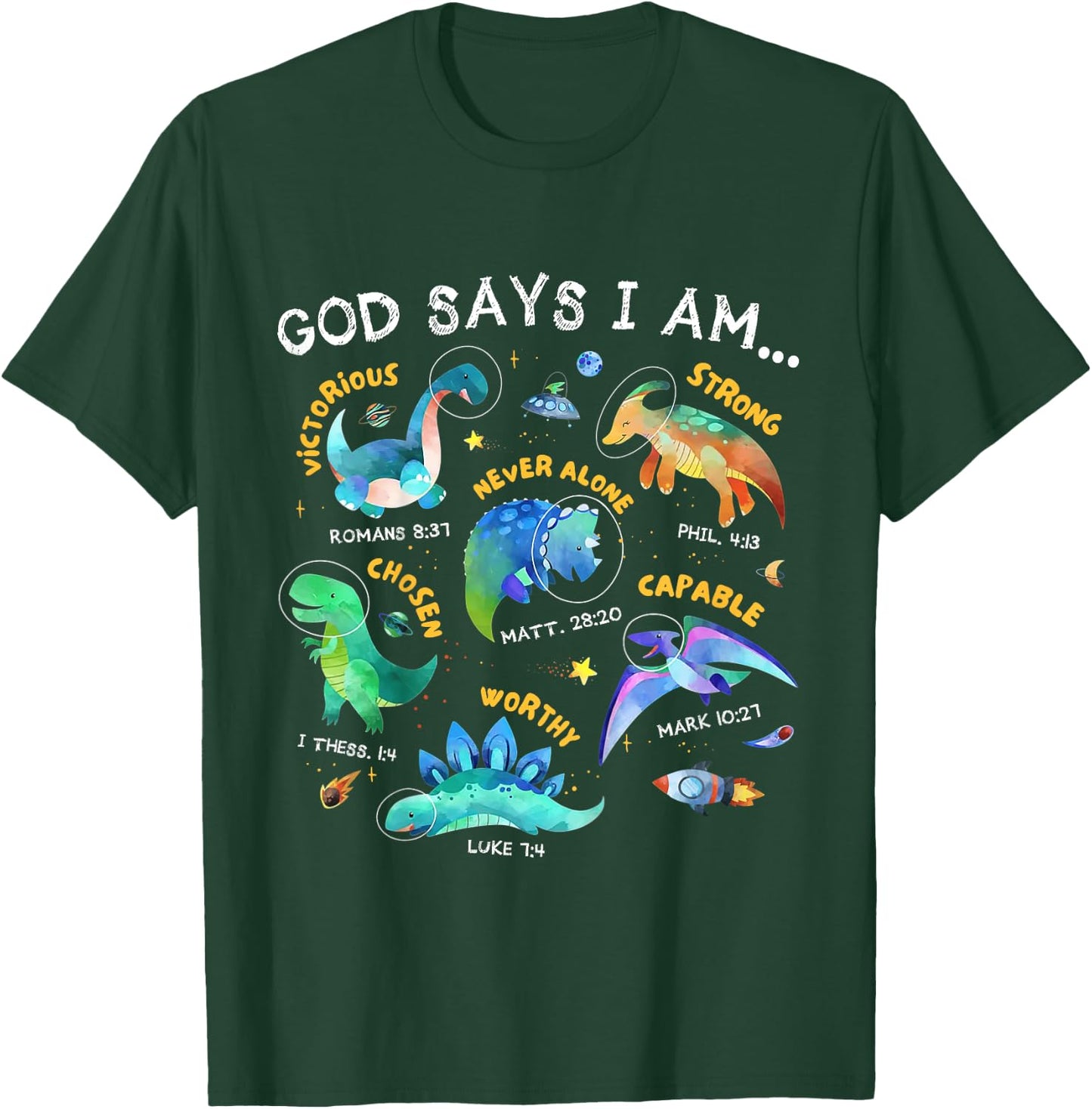 Kids God Says I Am Outer Space Dinosaur Bible Christian Boys T-Shirt - T-Shirt | Forest