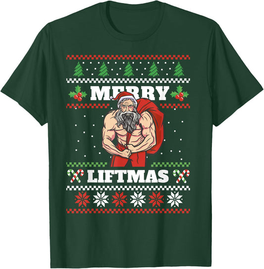 Funny Muscle Santa Lifting Christmas Ugly Christmas T-Shirt - T-Shirt | Forest