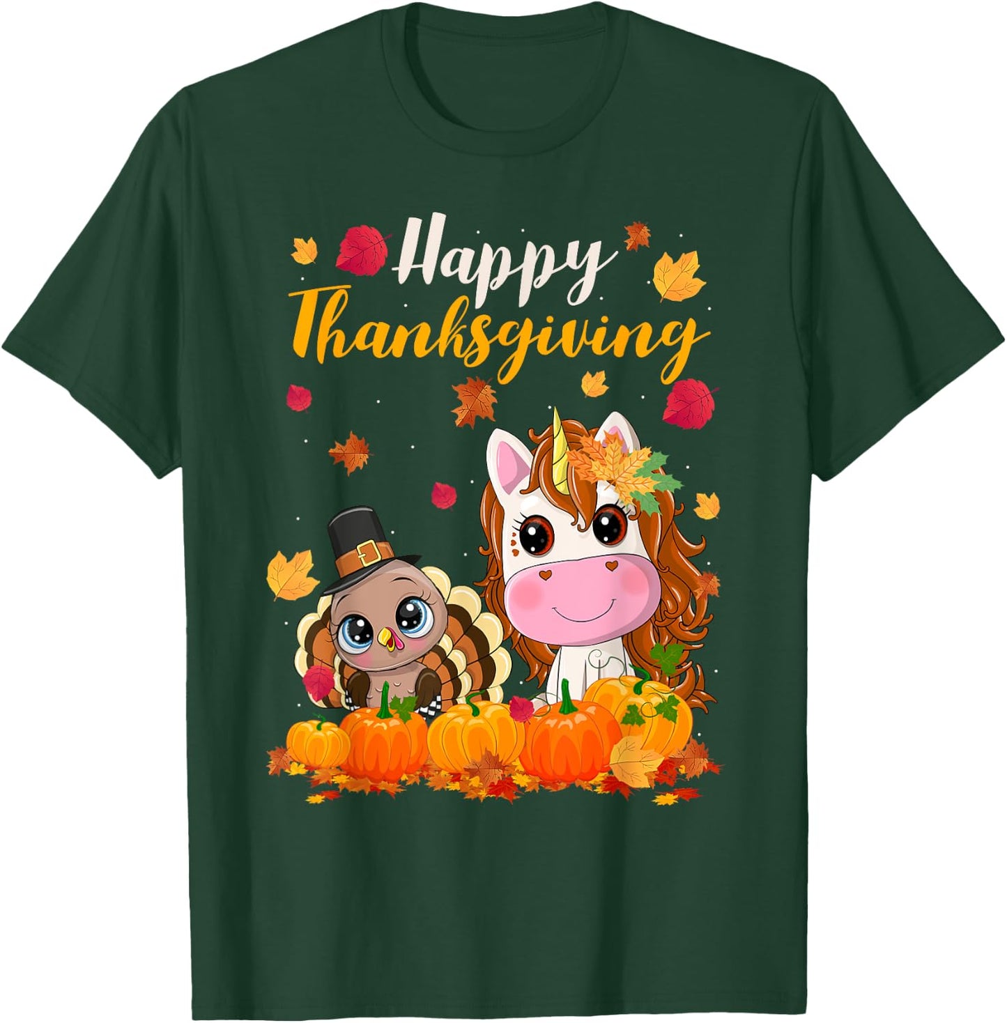 Cute Unicorn Turkey Pilgrim Thanksgiving Fall Little Girls T-Shirt - T-Shirt | Forest