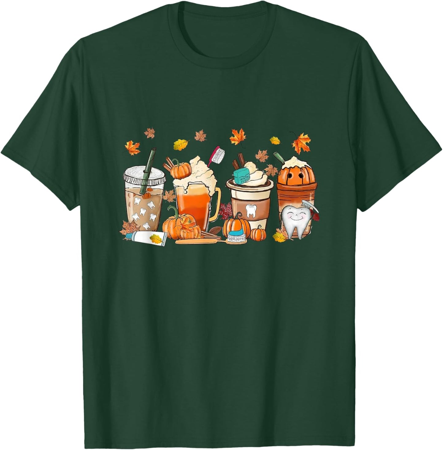 Retro Fall Coffee Dentist Tooth Thankful Dental Hygienist T-Shirt - T-Shirt | Forest