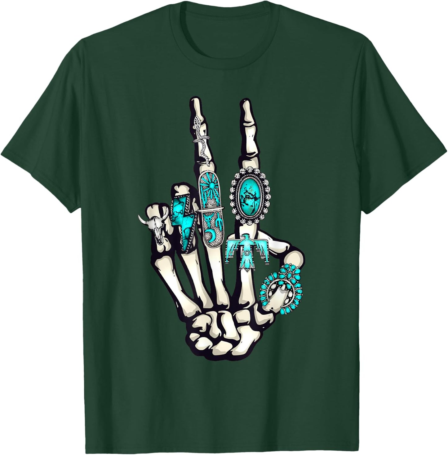 Skeleton with Turquoise Hand Western Skeleton Rings Lover T-Shirt - T-Shirt | Forest