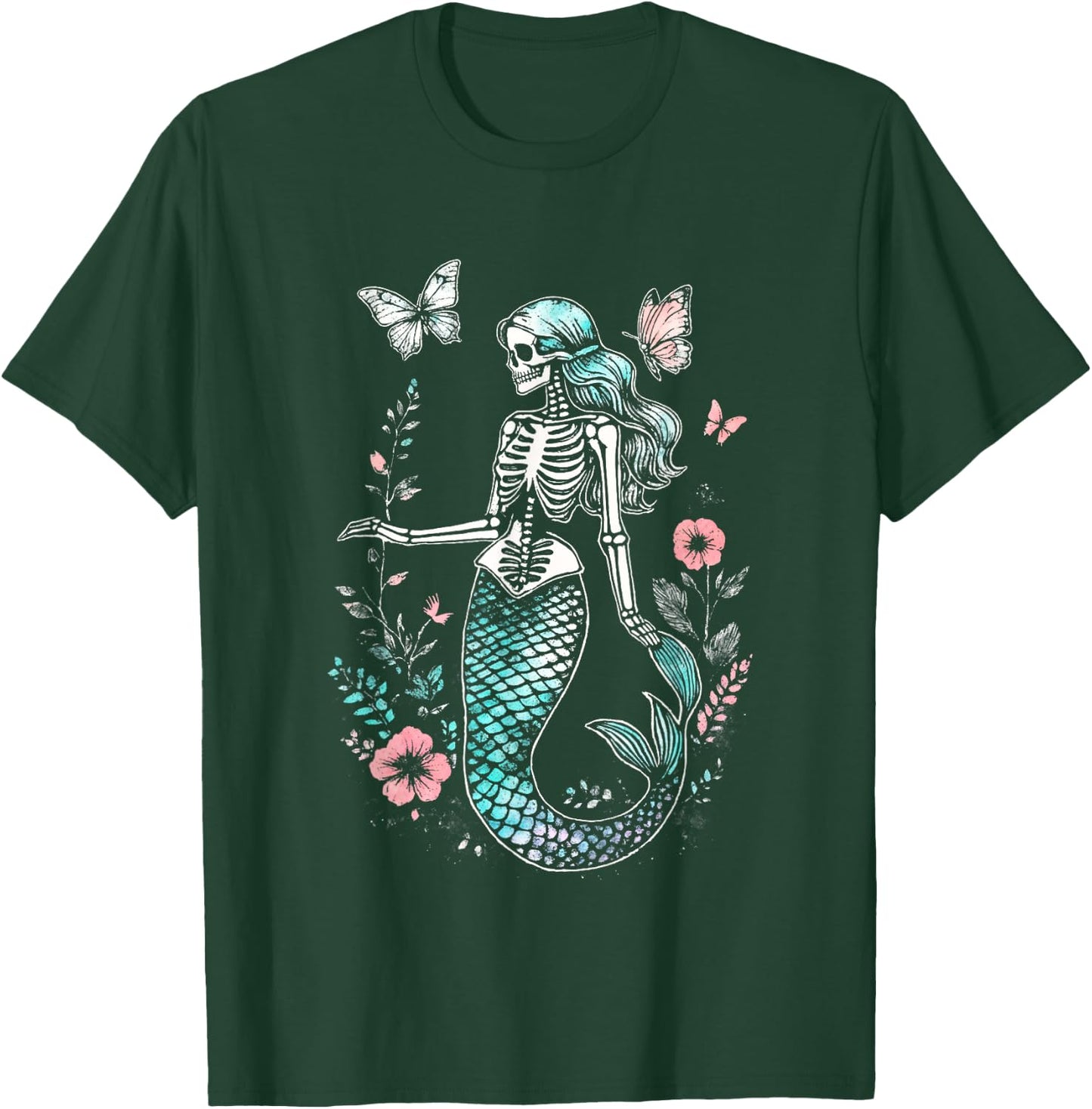 Goth Floral Butterflies Kawaii Skeleton Mermaid T-Shirt - T-Shirt | Forest
