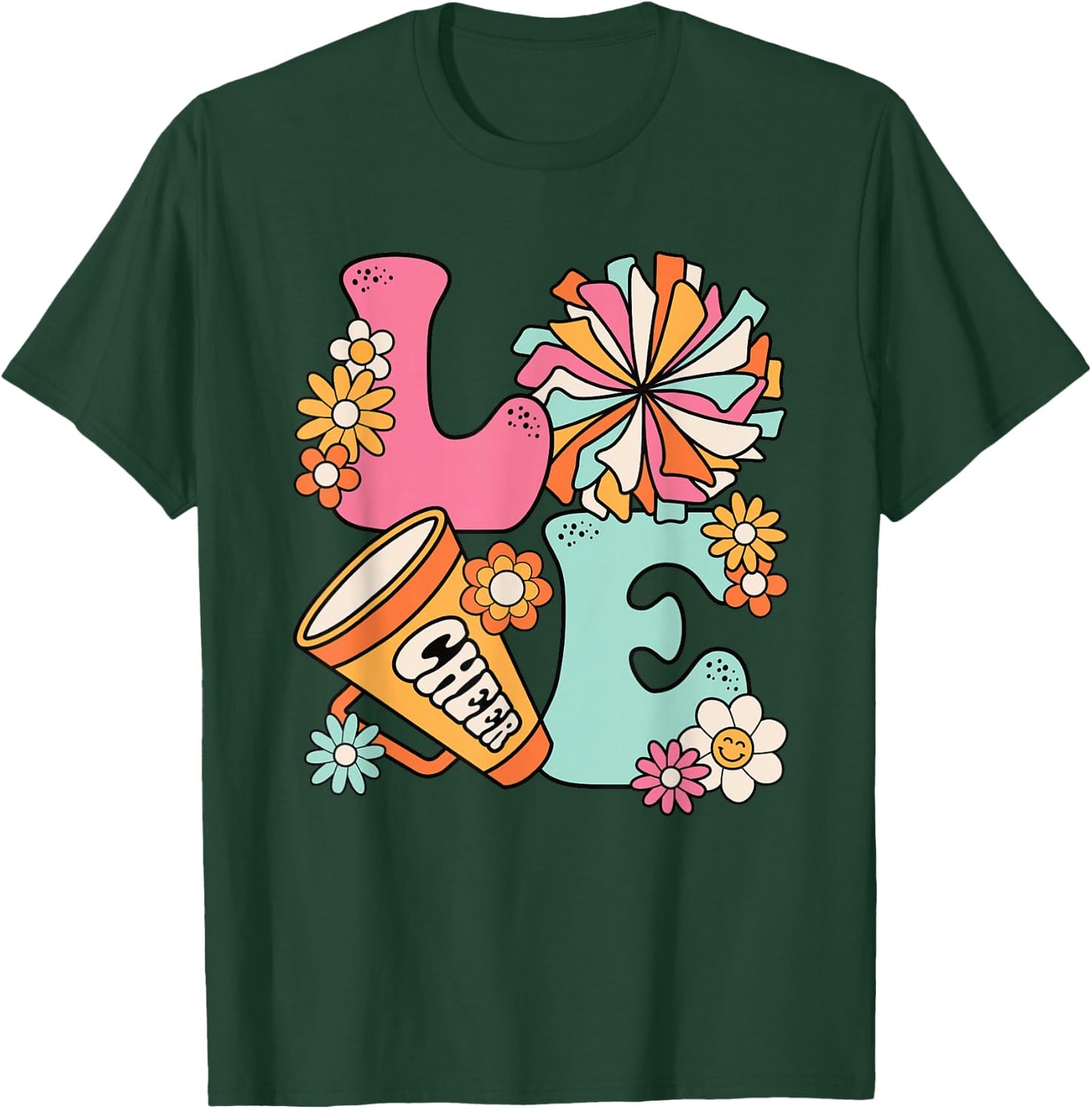 Love Cheer Groovy Cheerleader Cheerleading Women Girls Teens T-Shirt - T-Shirt | Forest