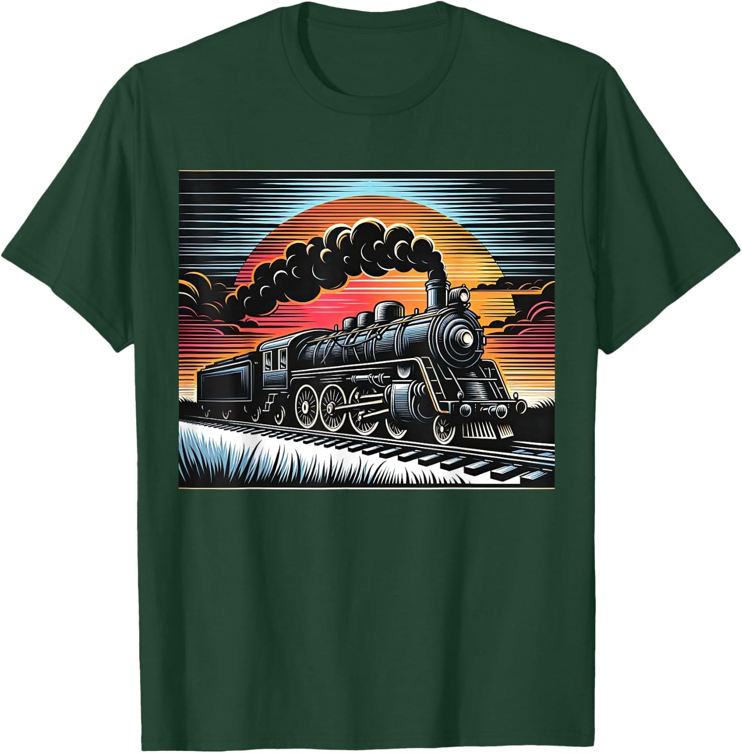 Vintage Steam Engine Train Locomotive Cool Sunset Railroad T-Shirt - T-Shirt | Forest
