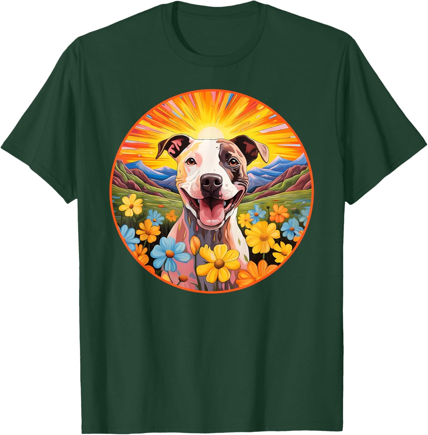 Cute Pitbull Colorful Flower Mountain Sunset Puppy Dog T-Shirt - T-Shirt | Forest