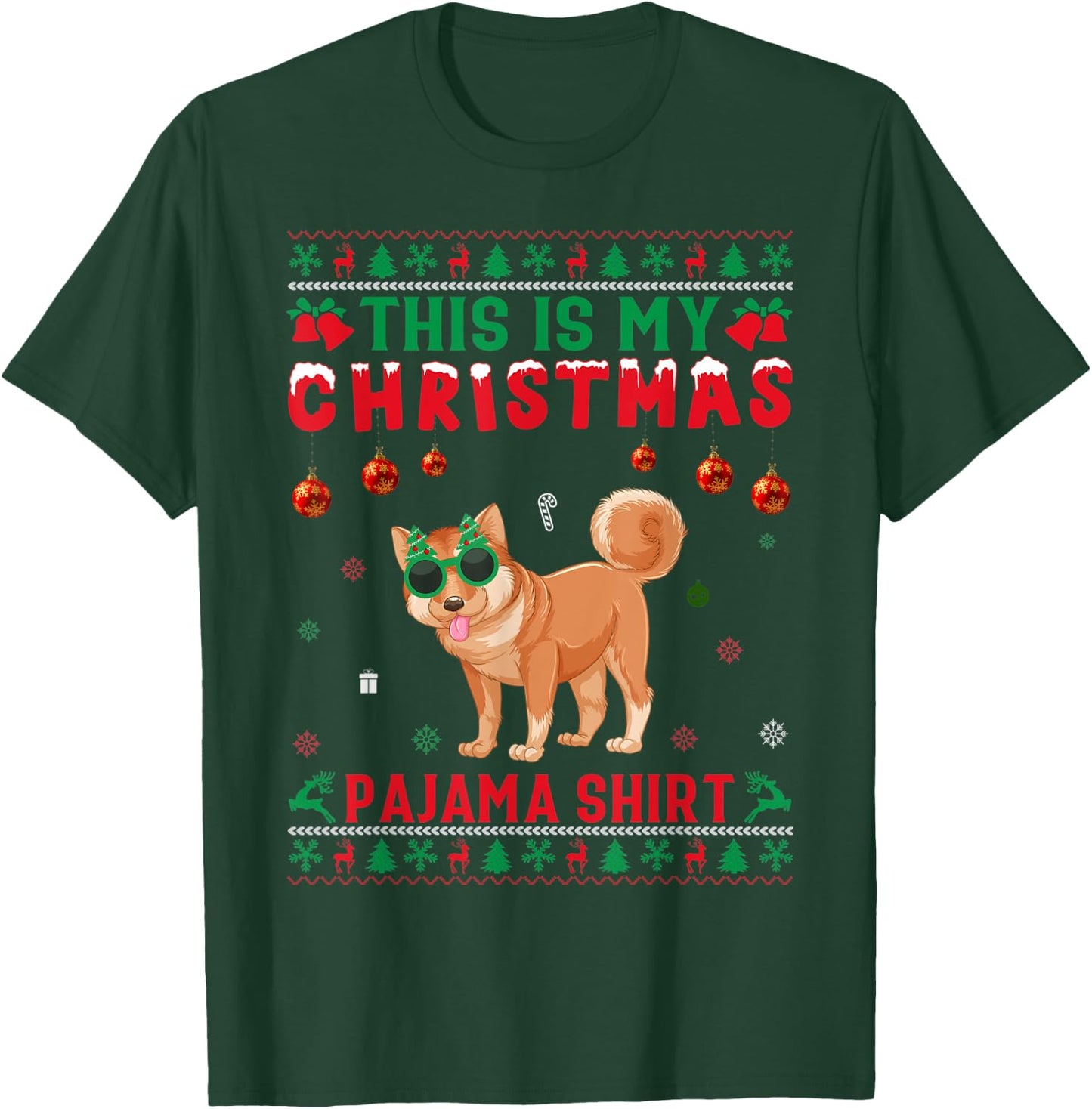 Ugly Xmas Holiday This Is My Shiba Inu Dog Christmas Pajama T-Shirt - T-Shirt | Forest