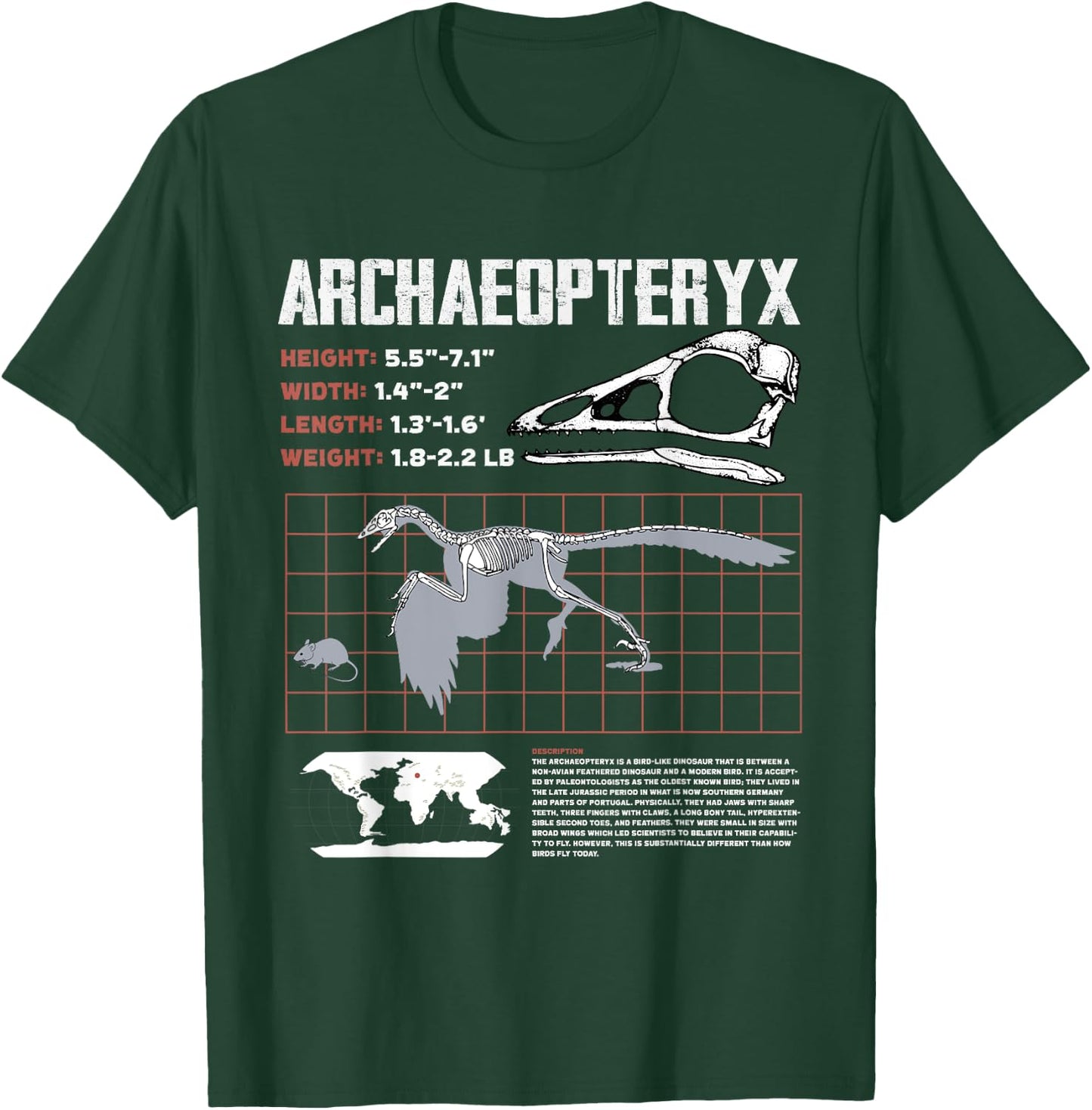 Archaeopteryx Dinosaur Facts Sheet Fossils Data T-Shirt - T-Shirt | Forest