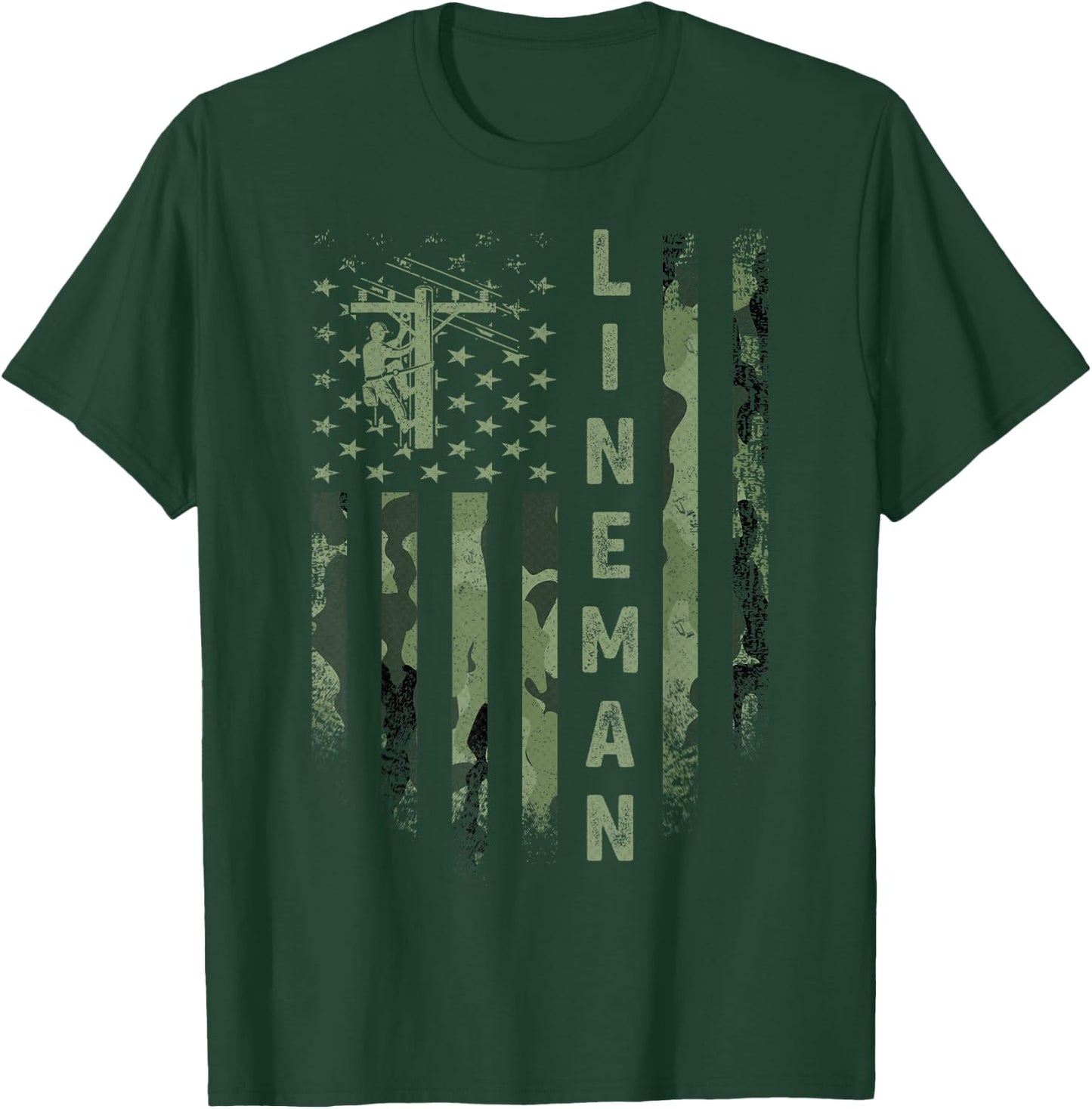 USA Camo Flag Electric Cable Lineman Silhouette Distressed T-Shirt - T-Shirt | Forest
